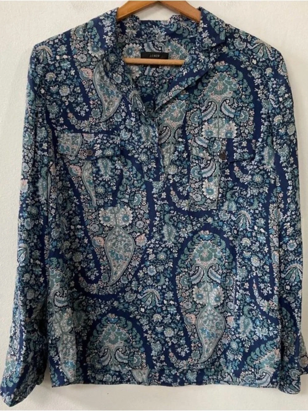 J. Crew Women’s Washable 100% Silk Popover Blouse Oversized Paisley Blue Size M